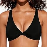 ADUDVLO Triangle Bikini Top – Black Bikini Tops for Women, Twist Front Padded Push Up V Neck Swim Top with Criss Cross Back (UK, Alpha, S, Regular, Regular, Black)