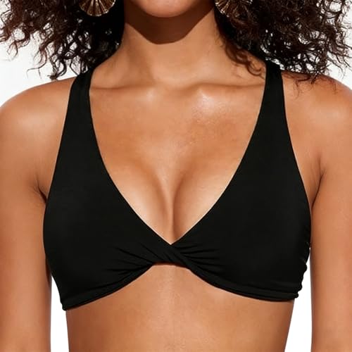 ADUDVLO Triangle Bikini Top – Black Bikini Tops for Women, Twist Front Padded Push Up V Neck Swim Top with Criss Cross Back (UK, Alpha, M, Regular, Regular)