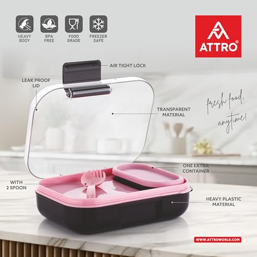 Image of ATTRO Food Bite Kids Plastic Lunch Box - 3 Compartments, 1 Small Container & Spoon, with Stylish Lid BPA-Free, Freezer Safe, Ideal for School, Travel & Outdoor - Purple Pink-500ml