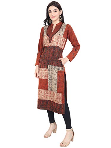 Image of Rosary Women's Embroidered Woolen Kurti with Pockets Warm Full Sleeve Winter Wear