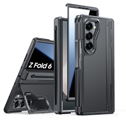 Spugan for Galaxy Z Fold 6 Case, Built-in Hidden Kickstand & Screen Protector & Hinge Protection, Slim Shockproof Military Grade Drop Protective Phone Case for Samsung Z Fold 6 7.6", Privacy Black