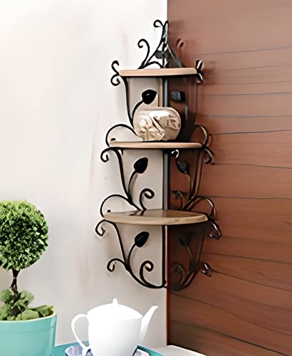 Image of Wooden handicrafts Wooden Stylish Wall Rack Shelves Set of Wall Shelves MDF -Medium Density Fiber Home Decoration Wall Decor (Brown Corner, Wooden Iron 3)