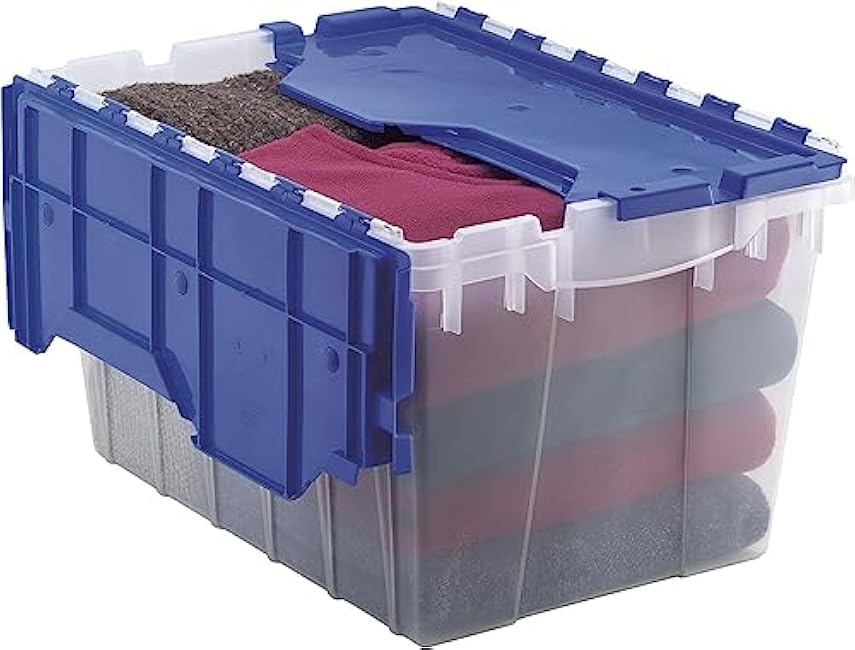 Akro-Mils KeepBox 12 Gallon Storage Container, Nesting and Stackable Plastic Storage Box with Lid Attached, Clear Tote for Garages, Closets, and Moving, 21-1/2 x 15 x 12-1/2, Clear/Blue
