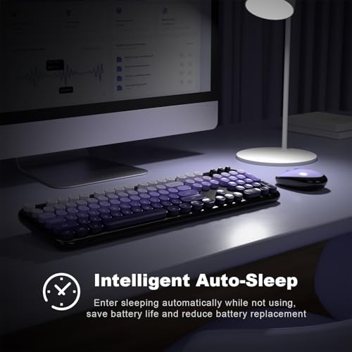 Image of Wireless Keyboard Mouse Combo - Lovely Blackpurple-Gradient Rainbow Full-Sized Typewriter Colorful Keyboards, Round Keycap Plug Play Retro Cute Keyboards for Windows, Laptop, PC, Desktop, Computer