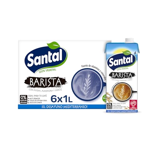 Santal - Bebida Vegetal Barista, Con Almendra, Avena y Arroz, Sin Azúcares Añadidos, Alternativa a la Leche, Ideal para tu Café, Ligera y Cremosa, Pack 6 x 1 Litro