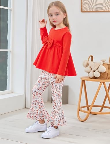 Woleroyir Girls Clothes Ruffle Long Sleeve Top and Floral Flared Pants Set, Brown, 2-3 Years — view 4