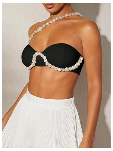 OYOANGLE Women's Pearl Beaded One Shoulder Cut Out Micro Crop Top Party Clubwear Sleeveless Tops4
