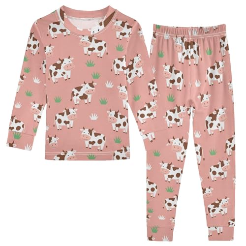 Pajama Sets Long Sleeve Cows on Pink Background Pattern Soft Comfy Sleepwear 2 Piece PJS 3-8T