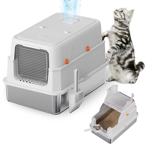 Edelstahl-Katzenklo mit Deckel, XL Katzentoilette Geschlossen, 180° Klappdeckel, Geruchsneutralisierend, Leicht zu Reini...