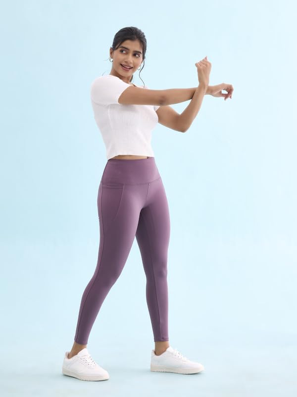 Image of GO COLORS Solid Nylon Stretch Ankle Length Training Tights | High Rise, Side Pockets