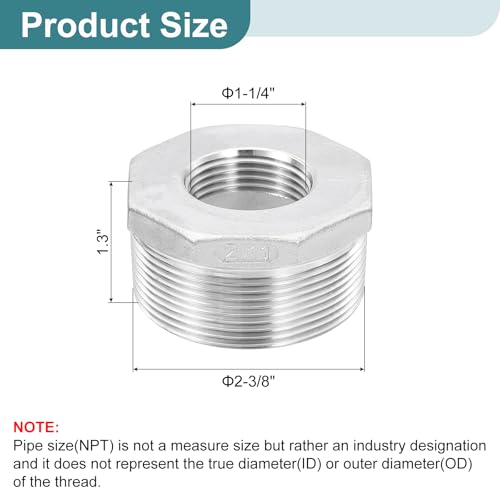 Image of uxcell 1Pcs 2 inch Male to 1 inch Female NPT 304 Stainless Steel Reducer Hex Bushing, Reducing Cast Pipe Adapter Fitting for industrial, oil /gas, water, HVAC, and plumbing systems