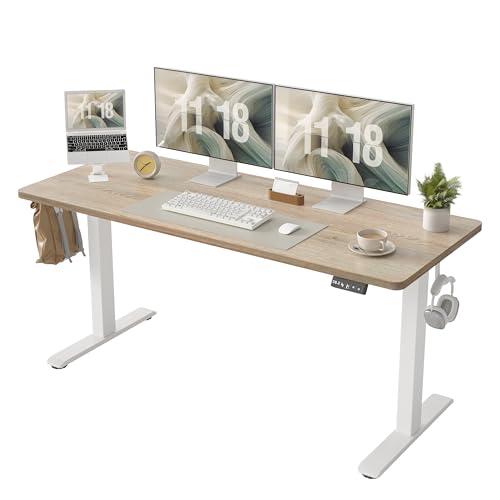 TIQLAB Standing Desk 63 x 24 inch, Electric Height Adjustable Desk with Splice Board, Sit Stand Desk Computer Table for Home Office, White Frame/Maple Top