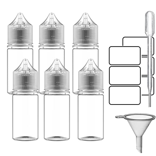 CLEAR DROPPER EMPTY PET Chubby Gorilla V3 SQUEEZE BOTTLES - 30ml - with Plastic funnel, Pipette & 6 Label Stickers (6 pk)