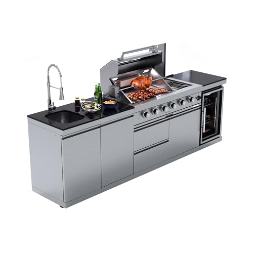 104-Inch Outdoor Kitchen Island Grill, 4-Burner 72,000 BTU Stainless Steel BBQ with Refrigerator, Sink, Rotisserie Kit & Granite Countertops