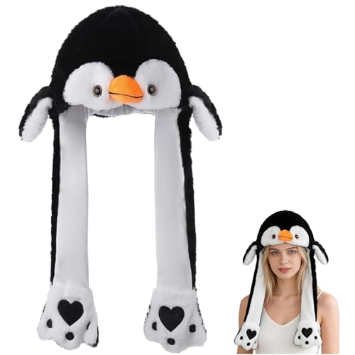 Pinguin Hut mit Beweglichen Ohren Ohren Bewegender Hut Tier Lustige Tiermütze Plüsch Mütze Drücken der Tiermütze Machen Geburtstags Weihnachts Geschenk Cosplay Wintermütze Hüte für Erwachsene Kinde