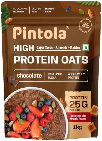 PINTOLA 25G High Protein OATS Chocolate (1 kg (Pack of 1)), No Refined Sugar, with Almonds Raisin, Pumpkin and Chia Seeds, 8g Fibre, Rolled Oats, Breakfast Cereals | Gluten Free (1 kg (Pack of 1))