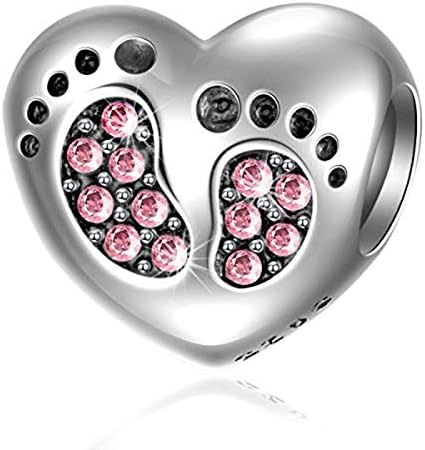 Baby Footprint Heart Charm with October Birthstone for Pandora Mother Day Bracelets - 925 Sterling Silver Mom Love Daughter Pink Feet Beads, Gifts for Girls/Baby Shower Christmas