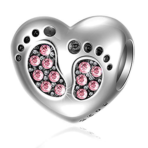 Baby Footprint Heart Charm With October Birthstone For Pandora Mother Day Bracelets - 925 Sterling Silver Mom Love Daughter Pink Feet Beads, Gifts For Girls/Baby Shower Christmas #TOP3