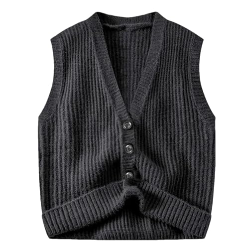 Men’S Relaxed Fit Thick Knitted Sweater Vest Slouchy O-Neck Sleeveless Button Down Cardigan