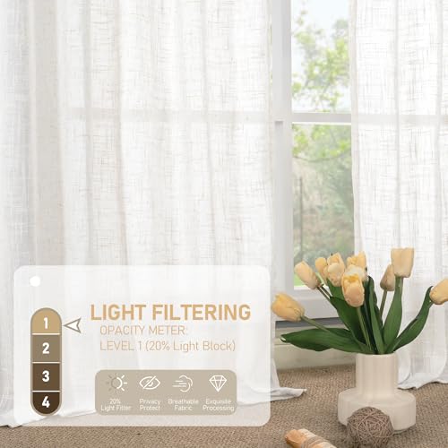 LAMIT 95 Inches Long Cream Linen Curtains for Living Room, Back Tab and Rod Pocket Linen Textured Curtains Light Filtering Boho Drapes for Bedroom/Dining Room, Set of 2, 52 x 95 Inch