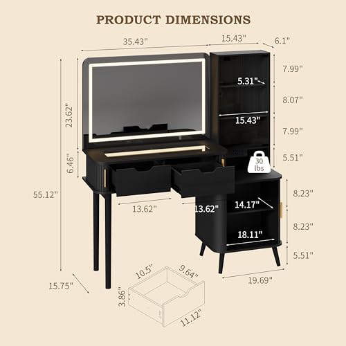Image of 51 inch Fluted Makeup Vanity Desk with 4 Drawers & Adjustable Shelves,Dressing Table with Mirror and Lights, Large Vanity with Glass Top and Power Outlet for Bedroom (Black)