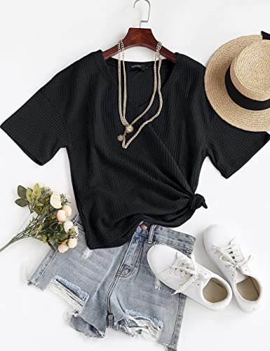 Merokeety Women's V Neck Batwing Half Sleeve Shirts Waffle Knit Loose Blouse Solid Color Tops Black #TOP5