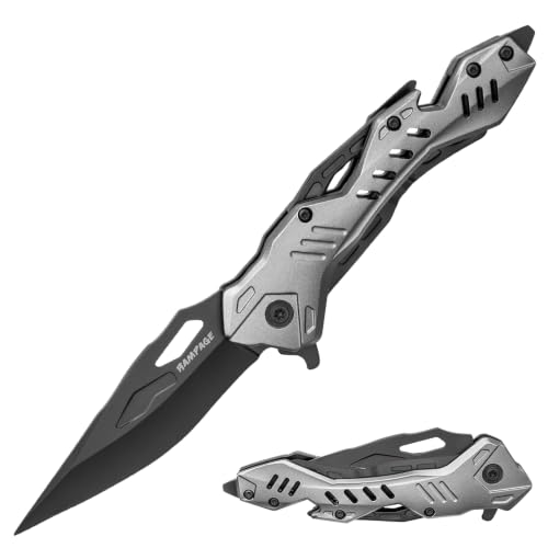United Cutlery Rampage Grey Atomica Assisted Opening Pocket Knife | 3 1/2 Inch Black Stainless Steel Blade | Grey And Black Aluminum Handle | Bottle Opener | Glass Breaker | Pocket Clip