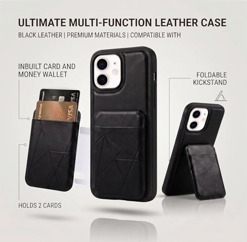 Image of amazon basics Premium Vegan Leather Back Cover with Card Holder and Integrated Mobile Stand for iPhone 12 Pro - Slim Shockproof Wallet Case with Geometric Stitching [Black]