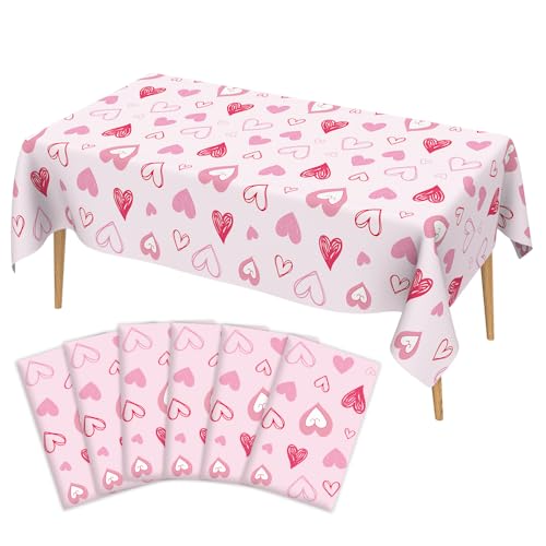 Image of Valentines Tablecloth, 6Pack Valentines Day Tablecloth Decorations, 54x108 Inch Pink Heart Valentine Table Cloth Rectangle Disposable Table Cover for Valentine's Day Anniversary Wedding Party Supplies