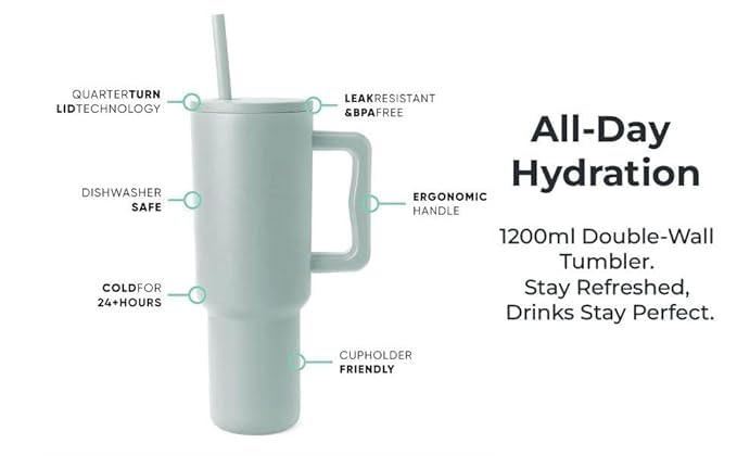 Image of Tumbler with lid and Straw 1200ML Cup Stainless Steel Vacuum Insulated Cup for Water, Iced Tea or Coffee 1.2L Office Gym Travelling; Tumbler with Straw. (40 - Oz - Pista)
