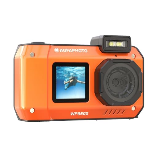 AgfaPhoto Realishot WP9500 - wasserdichte Digitalkamera, 7m wasserdicht, 24 MP, Digitaler Zoom, 4K Video, Doppelbildschirm 2,9”/1,4” - Orange