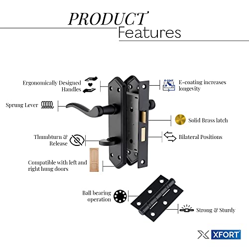 XFORT Black Beauty Range Matt Black London Suite Bathroom Pack, Complete Set with Bathroom Handles, 65mm Mortice Bathroom Lock and 75mm Ball Bearing Hinges, for Internal Wooden Doors - Image 3