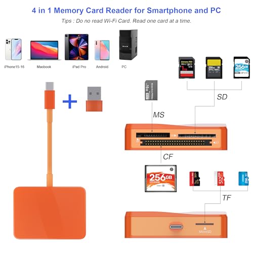 Image of SD Card Reader, 4 in 1 USB C to SD /TF /CF /MS Card Reader with USB to USB C Adapter Memroy Card Reader for iPhone 17 /16 /15 Pro Max iPad Pro MacBook Pro /Air iMac M4 /M3 Android Phone /Tablet PC (Orange)