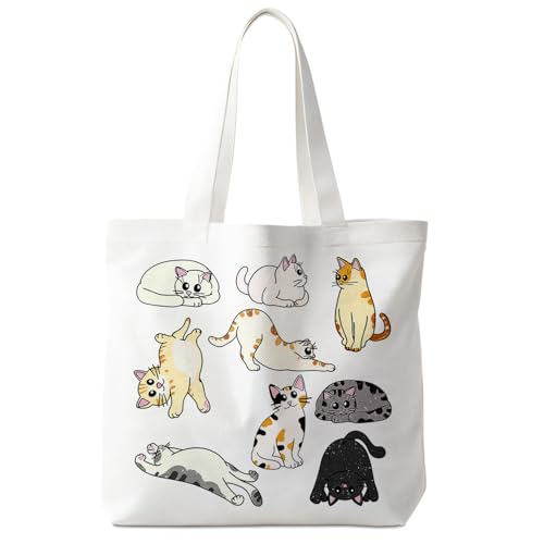 Yomisex Cat Canvas Tote Bag, Cat Lovers Mom Lady Gifts Tote Bag for Women, Cute Kitty Kitten Reusable Shopping Grocery Bags