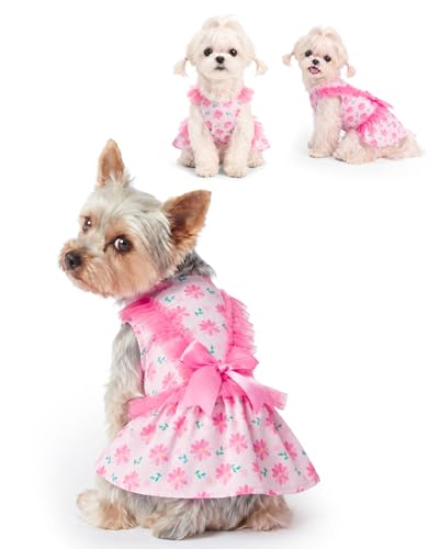 Image of CuteBone Pink Daisy Floral Pet Dress for Small Dogs, Cats - Ruffled Sleeves - Pink Satin Bow - Spring Daily, Playdate Dress
