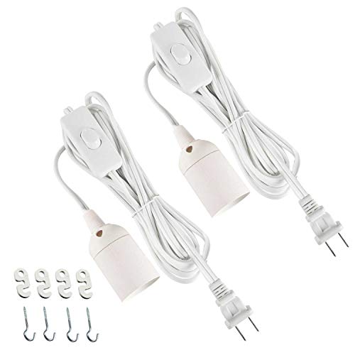 Simple Deluxe HILAMPCORDLX2V1 15ft Extension Hanging Lantern Pendant Light Lamp Cord Cable E26 Socket (No Bulb Included) On/Off Switch, 2 Pack-15 Feet, White