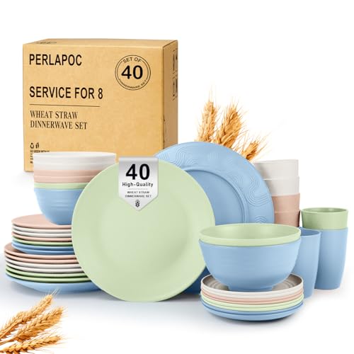 Image of 40 PCS Wheat Straw Dinnerware Sets Unbreakable Dishes Set for 8 Plastic Plates and Bowls Sets with Cups Dishwasher & Microwave Safe - Colorful