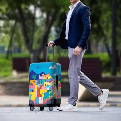 Luggage Cover Washable Suitcase Protector Spandex Luggage Cover for Baggage Case Cover Protector, Colorful Village Pattern3