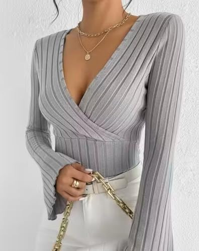 Image of Women Ribbed Knit V-Neck Wrap Top | Long Flare Sleeve Slim Fit Stylish Blouse for Casual