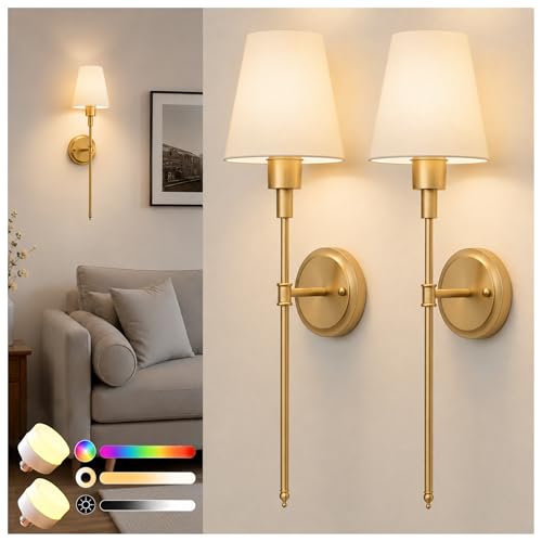 DORESshop Battery Operated Wall Sconce: Set of 2 Wireless Wall Light 12000mAh, 15 Color Rechargeable...