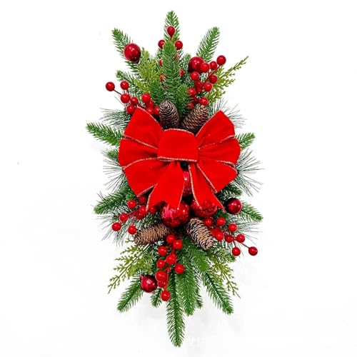Couronne de Noël pour porte d'entrée avec nœud rouge et pommes de pin décoratives