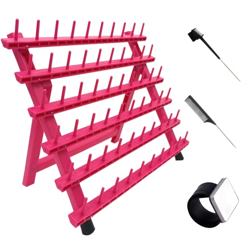 Braiding Hair Rack with 60 Pegs Standing Versatile Extension Hair Holder with 60 Spools - Ergonomic Braid Stand for Stylists - Time-Saving (60 Pegs, Rose Red)