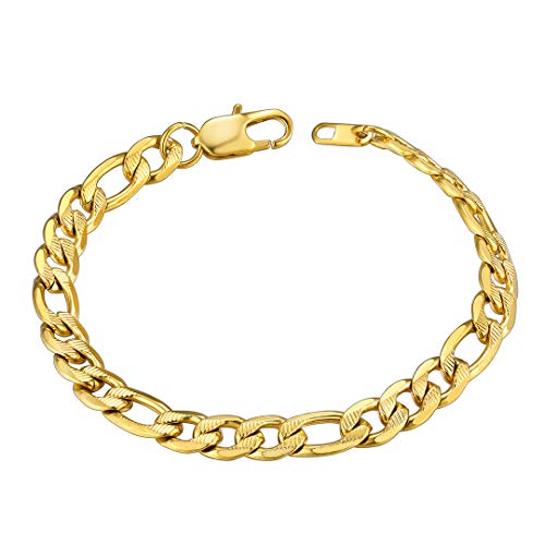 ChainsHouse Figaro Link Chain Bracelet, Mens Gold Bracelet Stainless Steel/Black/14K Gold Plated Wrist Figaro Bracelets for Men Women, 6MM-13MM, 7.5"/8.3", Send Gift Box a: 9mm-gold 8.3 Inch