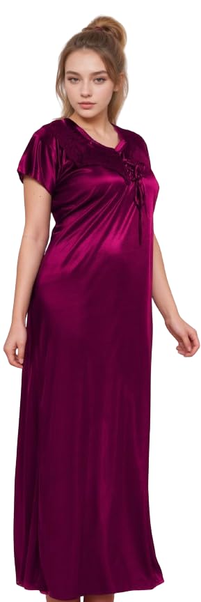 Image of Women's Satin Nighty Gown - Soft & Comfortable Sleepwear, Elegant Long Night Dress with Lace Trim, Luxury Nightwear for Women, Bridal & Honeymoon Loungewear