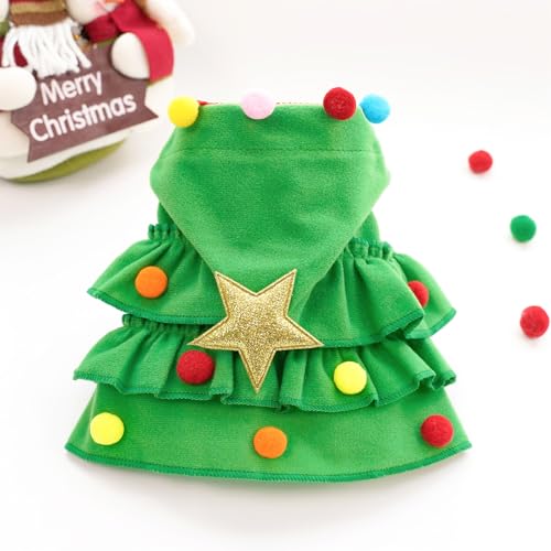 Cat Christmas Outfit Green Pet Cloak with Hat with Star and Pompoms Puppy Cape Clothes Xmas Tree Elf Costumes Party Pet Supplies Accessories for Small Dogs Cats Pet Santa Presents - Image 6
