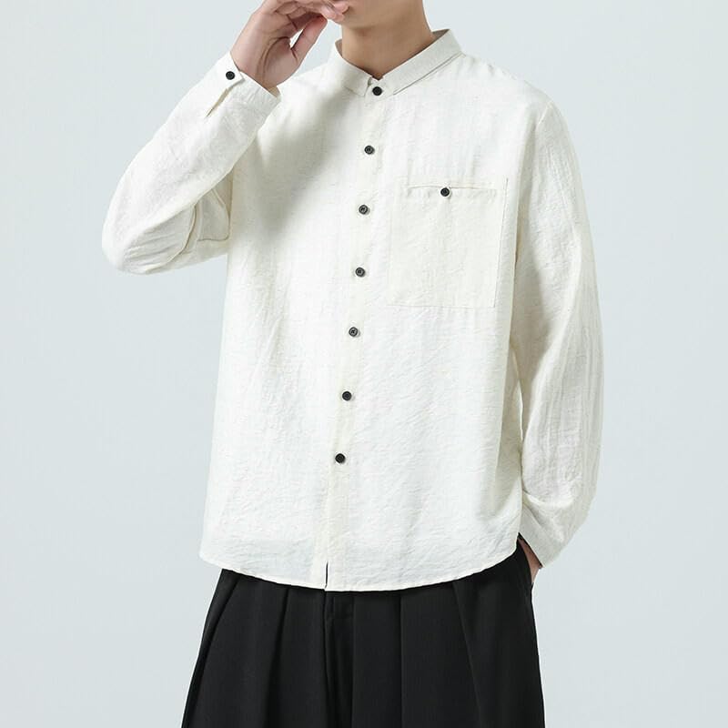 Chemise style chinois manches longues lin mélangé ample unisexe décontractée - 5