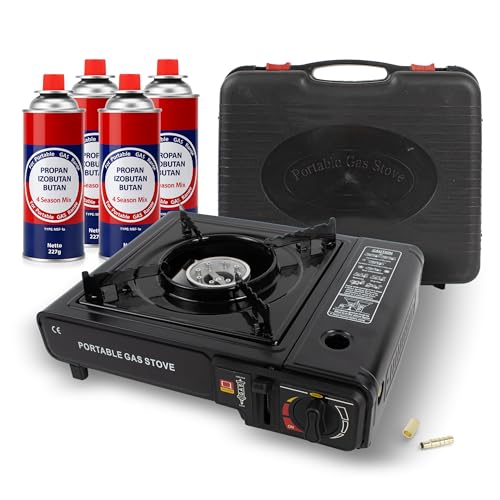 Hornillo Portátil de Gas para Camping, Cocina + 4 Cartucho de Gas Butano - Estufa Compacta para Acampada, Picnic y Senderismo para Exterior Compatible con Cartuchos de Gas Butano y y Bombona de Gas