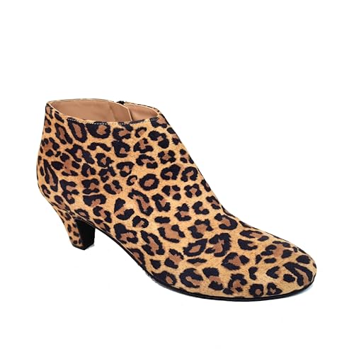 ELIPE - Botines de Piel para Mujer con Punta Redonda y Tacon Bajo 5 cm - Altura Caña 10 - Cierre Cremallera - Forro Piel - Moda Tacones Elegantes - Leopardo Ante Animal Print - Marrón 36 EU