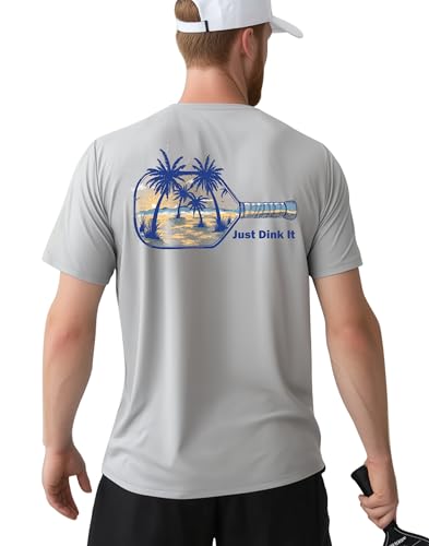 Fjalljs Pickleball Shirts for Men - UPF 50+ Quick Dry Athletic Graphic Tee Performance Short Sleeve T-Shirt Gift for Pickleball Players (Palm Paradise Play/Gray-M)