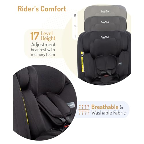 Image of Bonfino Premium Pro Shield Convertible Car Seat for Baby, 360 Degree Rotatable Seat, Memory Foam Headrest, ISOFIX System, Rear Facing Support, Newborn to Toddler, Safety Certified Design (Black)